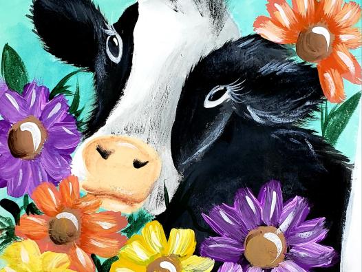 a black and white cow surrounded by orange,purple,yellow flowers with a teal background. 