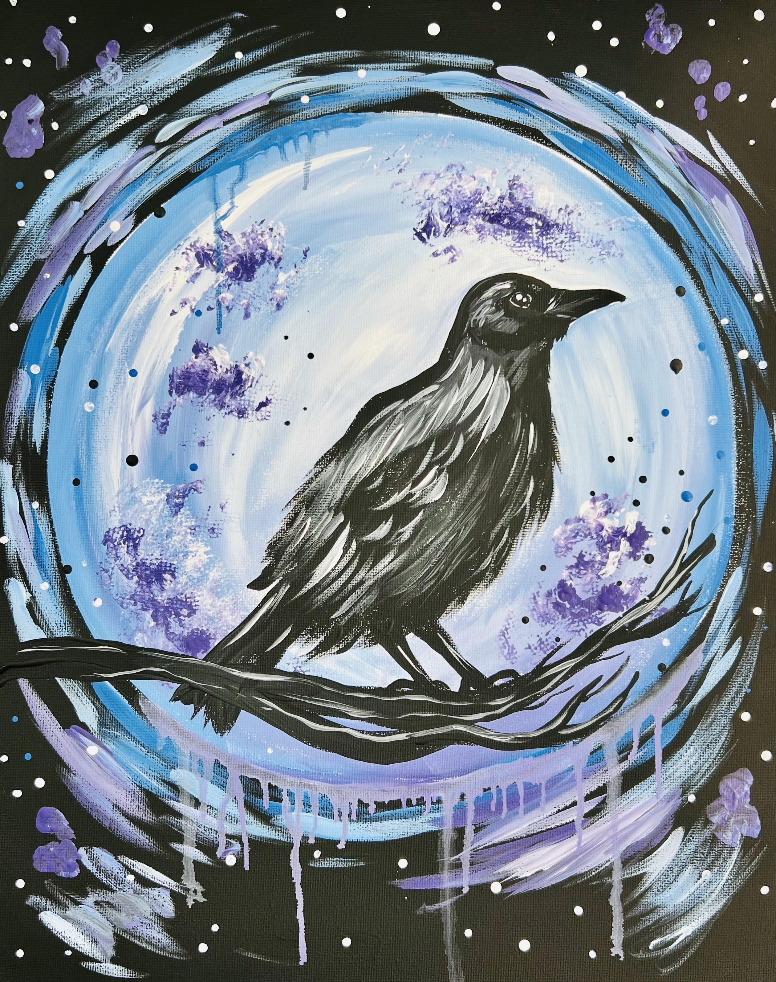 Black raven on a black twig with a blue moon and purple splatter paint and black in the corners. 