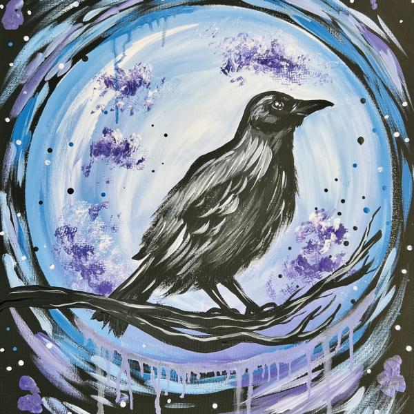 Black raven on a black twig with a blue moon and purple splatter paint and black in the corners. 